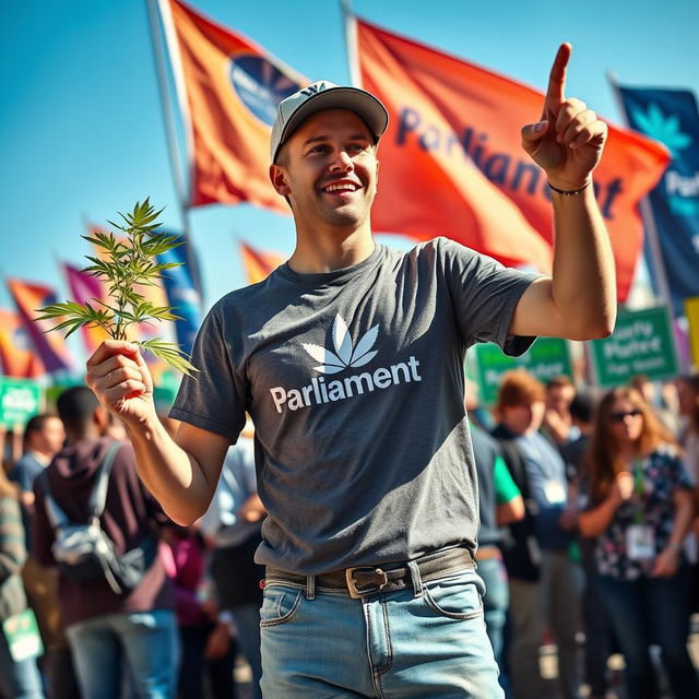 A young man energetically campaigning for parliament outdoors, holding a vibrant cannabis plant in one hand as he engages with a crowd of enthusiastic supporters