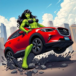 An exciting illustration of She-Hulk, depicted as a tall and powerful figure, crushing a red Mazda CX-3 with her bare feet