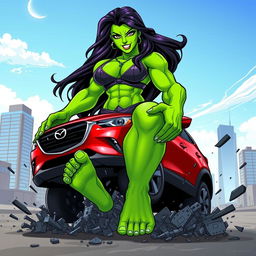 An exciting illustration of She-Hulk, depicted as a tall and powerful figure, crushing a red Mazda CX-3 with her bare feet