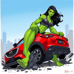 An exciting illustration of She-Hulk, depicted as a tall and powerful figure, crushing a red Mazda CX-3 with her bare feet