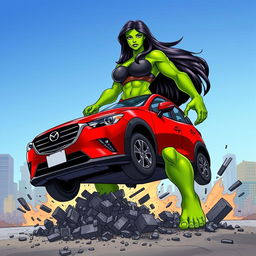 An exciting illustration of She-Hulk, depicted as a tall and powerful figure, crushing a red Mazda CX-3 with her bare feet