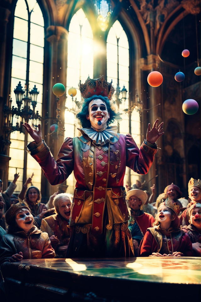 A court jester performing a juggling act for an amused royal family in a grand castle hall bathed in evening light.