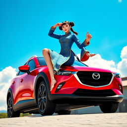 An engaging depiction of Chun-Li standing barefoot on the roof of a vibrant red Mazda CX-3