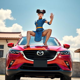 An engaging depiction of Chun-Li standing barefoot on the roof of a vibrant red Mazda CX-3