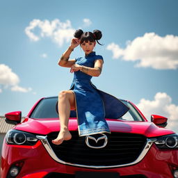 An engaging depiction of Chun-Li standing barefoot on the roof of a vibrant red Mazda CX-3