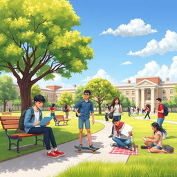 A vibrant and energetic scene depicting a student life in a university setting