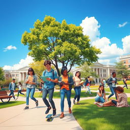 A vibrant and energetic scene depicting a student life in a university setting