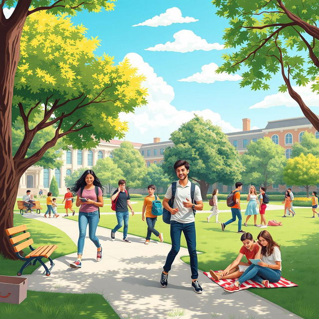 A vibrant and energetic scene depicting a student life in a university setting