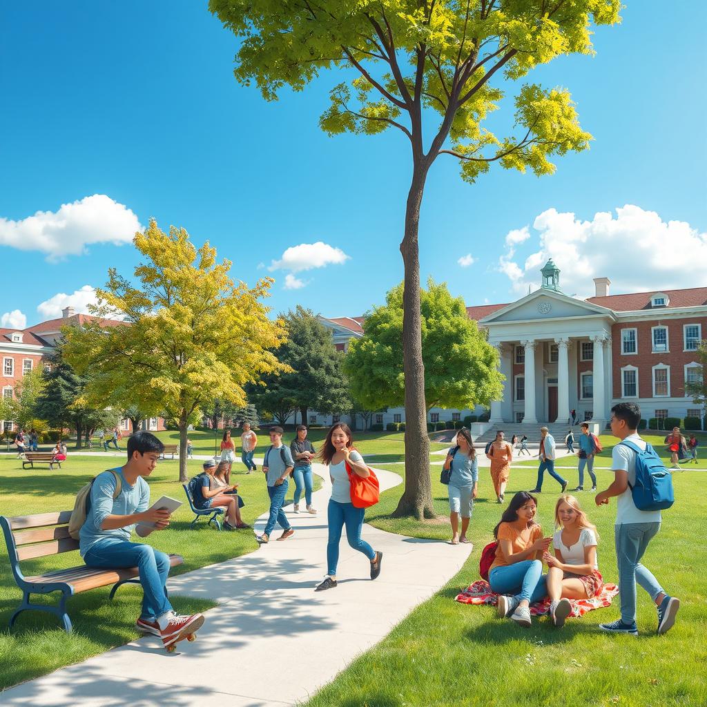 A vibrant and energetic scene depicting a student life in a university setting