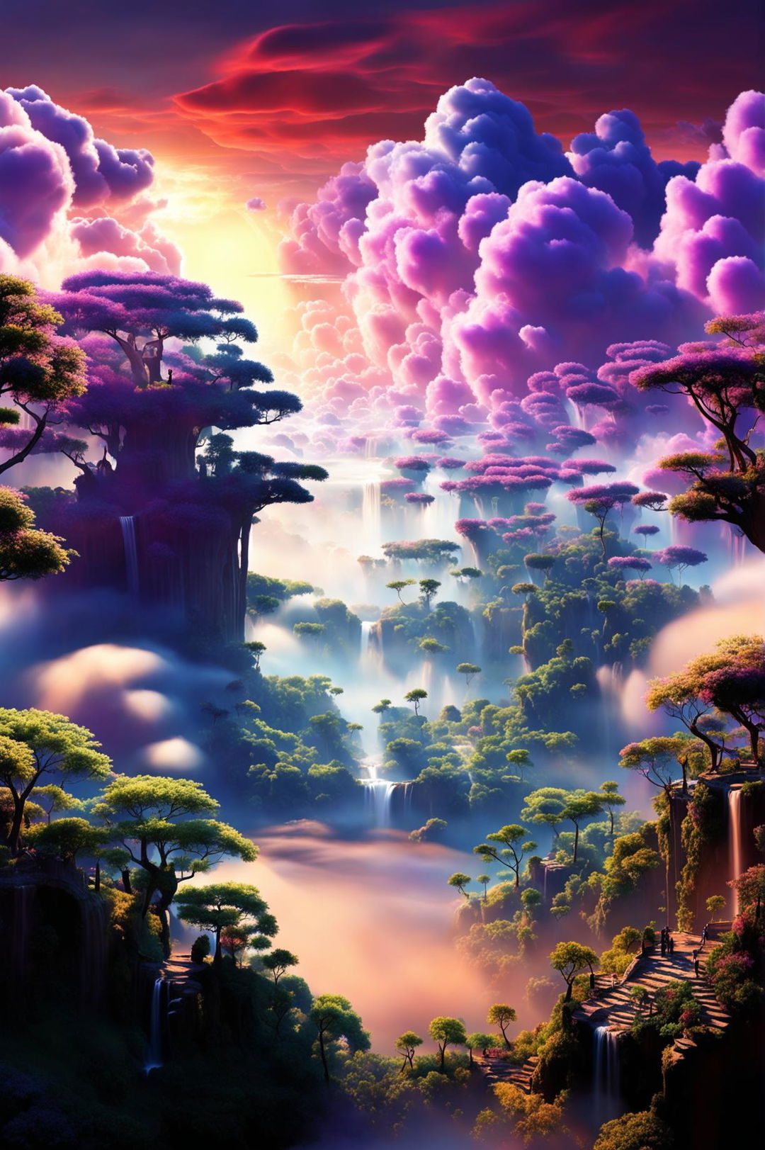 A surreal dreamscape featuring floating islands, a waterfall cascading into the clouds, and a sky filled with vibrant colors.