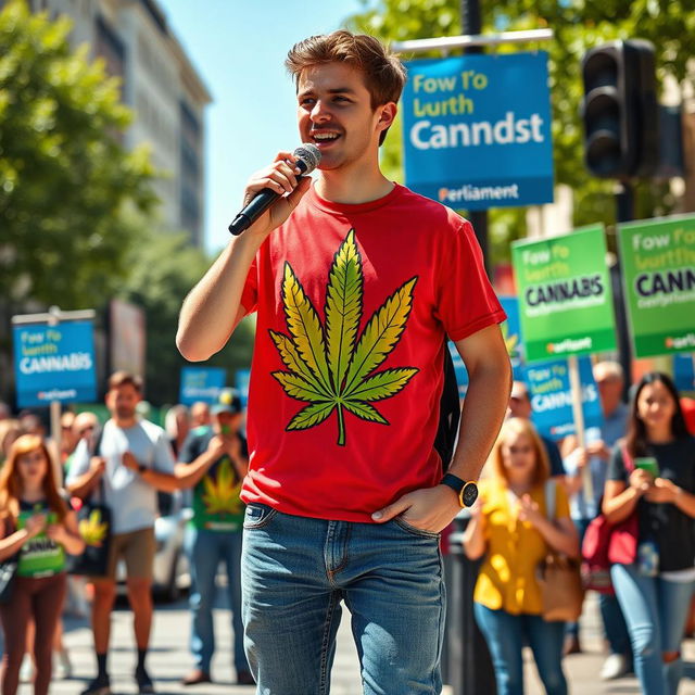 A young man passionately campaigning for parliament, wearing a vibrant cannabis-themed T-shirt that showcases a bold cannabis leaf design