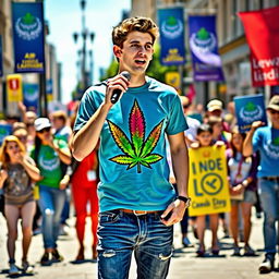 A young man passionately campaigning for parliament, wearing a vibrant cannabis-themed T-shirt that showcases a bold cannabis leaf design