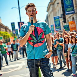 A young man passionately campaigning for parliament, wearing a vibrant cannabis-themed T-shirt that showcases a bold cannabis leaf design