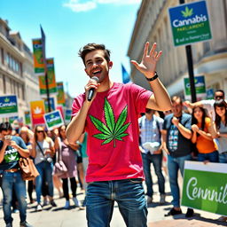 A young man passionately campaigning for parliament, wearing a vibrant cannabis-themed T-shirt that showcases a bold cannabis leaf design