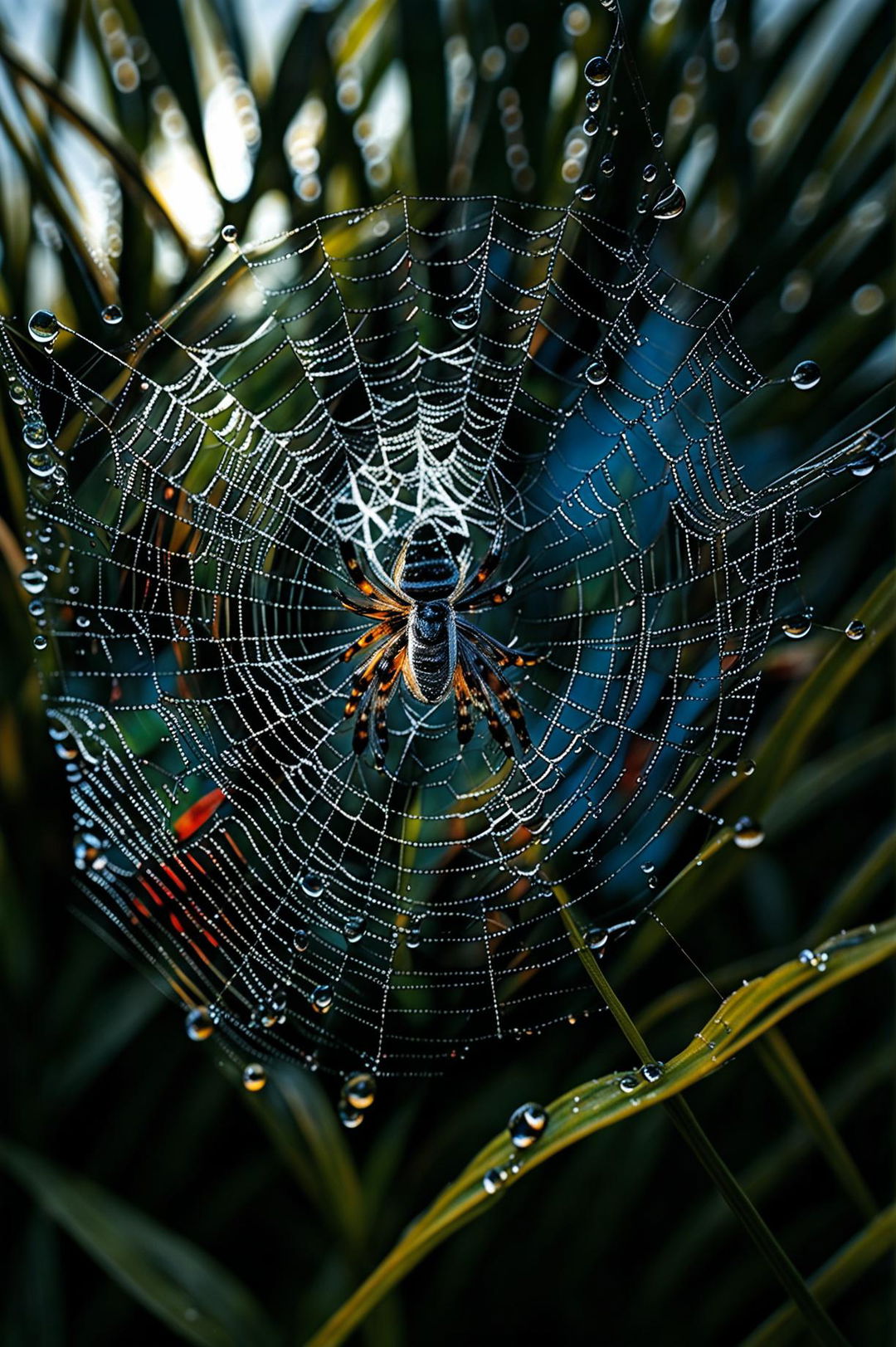 An ultra-detailed photograph of a dew-kissed spider web glistening in the morning sun.