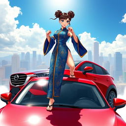 An eye-catching illustration of Chun-Li standing barefoot on the roof of a striking red Mazda CX-3