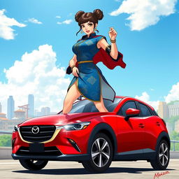 An eye-catching illustration of Chun-Li standing barefoot on the roof of a striking red Mazda CX-3