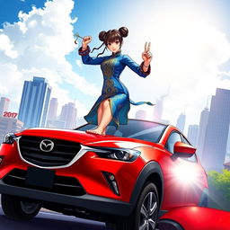 An eye-catching illustration of Chun-Li standing barefoot on the roof of a striking red Mazda CX-3