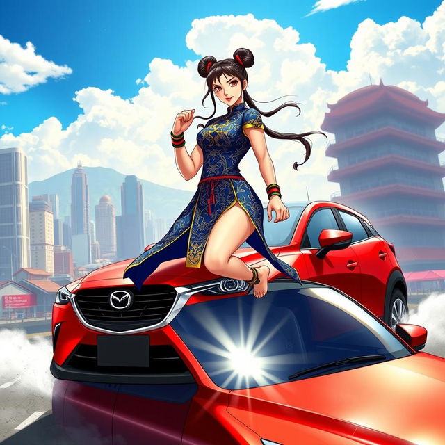 An eye-catching illustration of Chun-Li standing barefoot on the roof of a striking red Mazda CX-3