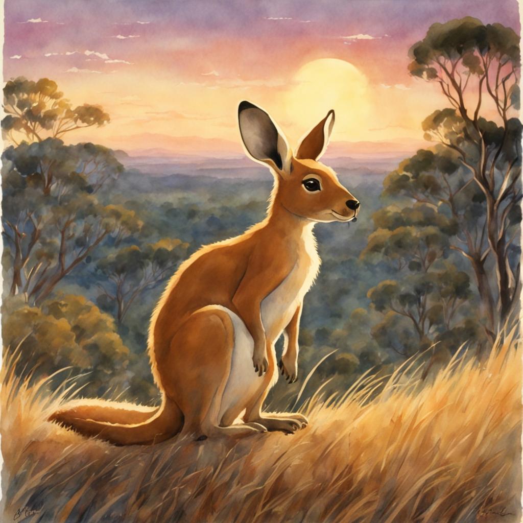 A retro-style Studio Ghibli watercolor painting featuring a detailed kangaroo in an Australian outback setting during dusk.