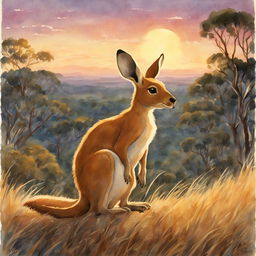 A retro-style Studio Ghibli watercolor painting featuring a detailed kangaroo in an Australian outback setting during dusk.