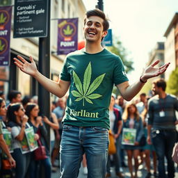 A young man enthusiastically campaigning for parliament, proudly wearing a stylish cannabis-themed T-shirt that features a large, artistic cannabis leaf design