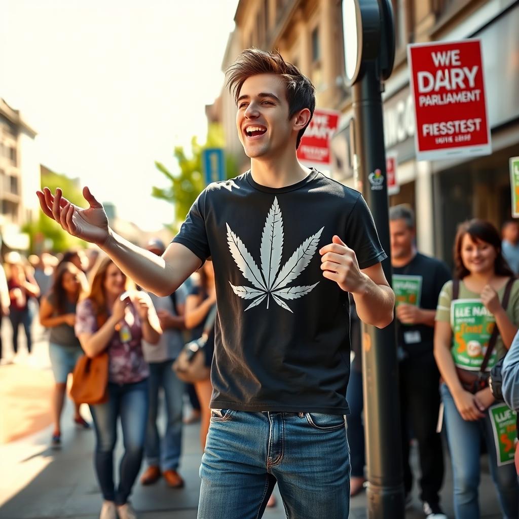 A young man enthusiastically campaigning for parliament, proudly wearing a stylish cannabis-themed T-shirt that features a large, artistic cannabis leaf design