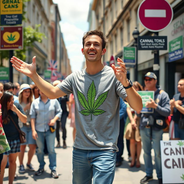 A young man enthusiastically campaigning for parliament, proudly wearing a stylish cannabis-themed T-shirt that features a large, artistic cannabis leaf design