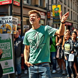 A young man enthusiastically campaigning for parliament, proudly wearing a stylish cannabis-themed T-shirt that features a large, artistic cannabis leaf design