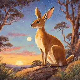 A retro-style Studio Ghibli watercolor painting featuring a detailed kangaroo in an Australian outback setting during dusk.