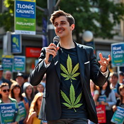 A young man campaigning for parliament, dressed in a sharp suit over a bold cannabis-themed T-shirt that prominently features a vibrant cannabis leaf design