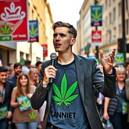 A young man campaigning for parliament, dressed in a sharp suit over a bold cannabis-themed T-shirt that prominently features a vibrant cannabis leaf design