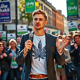 A young man campaigning for parliament, dressed in a sharp suit over a bold cannabis-themed T-shirt that prominently features a vibrant cannabis leaf design