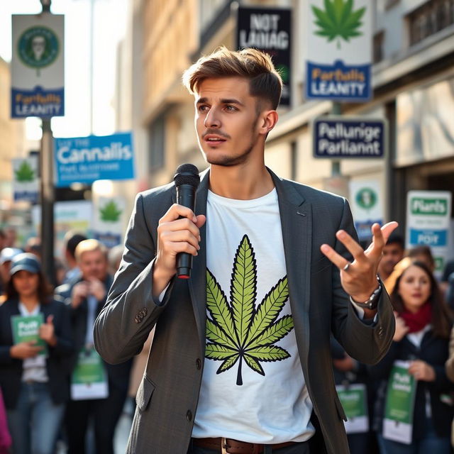 A young man campaigning for parliament, dressed in a sharp suit over a bold cannabis-themed T-shirt that prominently features a vibrant cannabis leaf design