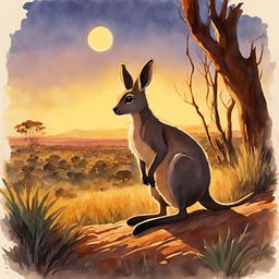 A retro-style Studio Ghibli watercolor painting featuring a detailed kangaroo in an Australian outback setting during dusk.