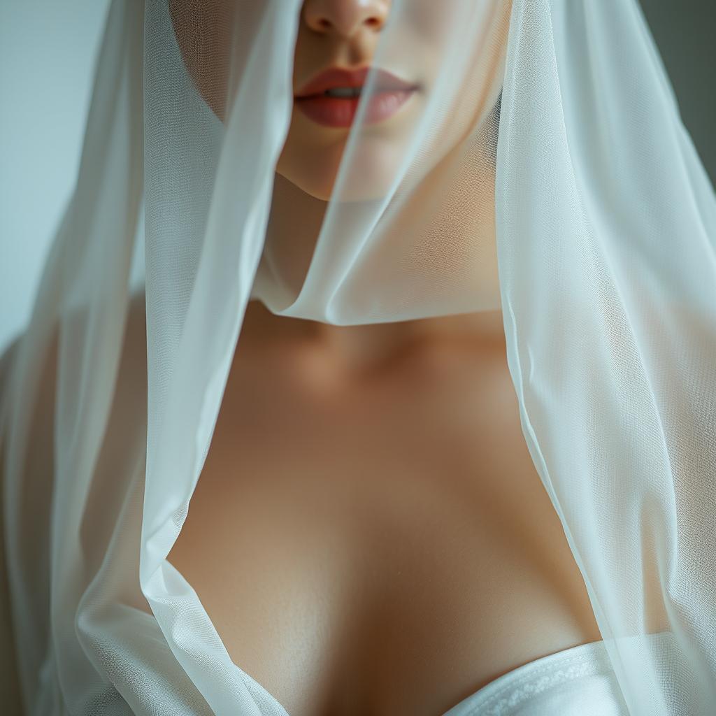 A serene and artistic composition featuring the upper torso of a veiled woman