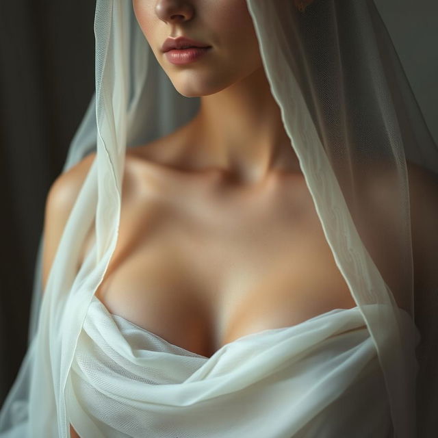 A serene and artistic composition featuring the upper torso of a veiled woman