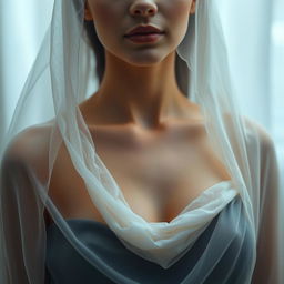 A serene and artistic composition featuring the upper torso of a veiled woman