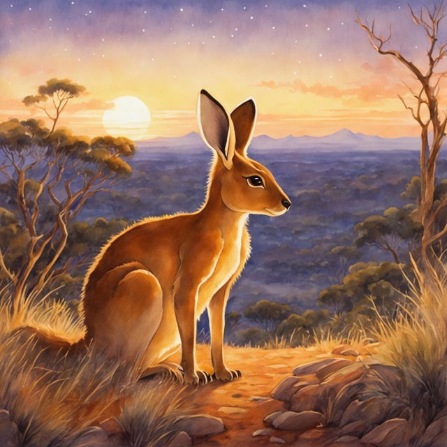 A retro-style Studio Ghibli watercolor painting featuring a detailed kangaroo in an Australian outback setting during dusk.