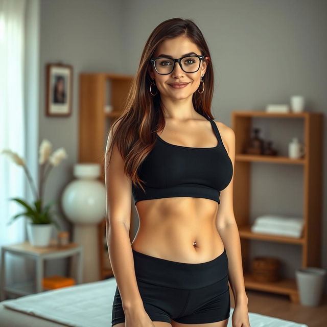 A full-body portrait of a 32-year-old Russian woman with long brown hair, wearing a tight black tank top and short tight yoga shorts