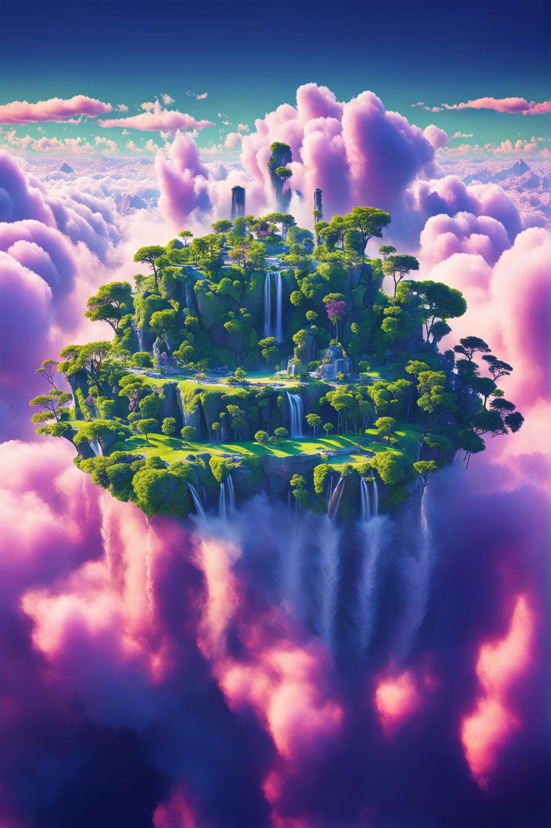 An ultra-detailed photograph of a surreal dreamscape featuring a floating island, a cascading waterfall, and a vibrant sky.