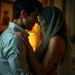 An intimate scene depicting a romantic embrace between a couple, where the woman is partially veiled, adding an air of mystery and allure
