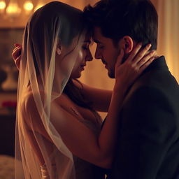 An intimate scene depicting a romantic embrace between a couple, where the woman is partially veiled, adding an air of mystery and allure
