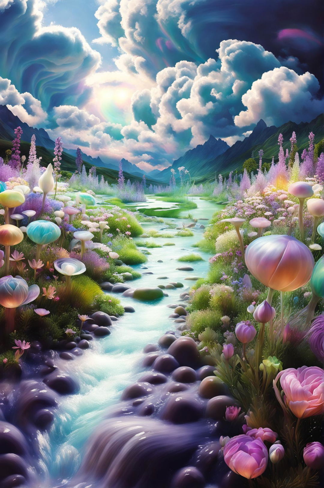 Surreal dreamscape photograph with a pastel sky, glowing meadow flowers, a crystal-clear river flowing in impossible directions, floating mountains made up of tiny islands, all bathed in an ethereal light