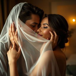 A sensual and intimate scene depicting a couple engaged in a soft, loving exchange