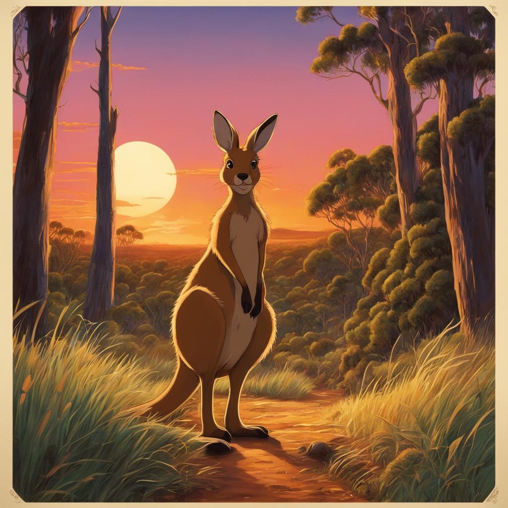 A stunning Studio Ghibli poster featuring a detailed kangaroo in an Australian outback setting during dusk.