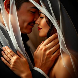 A sensual and intimate scene depicting a couple engaged in a soft, loving exchange