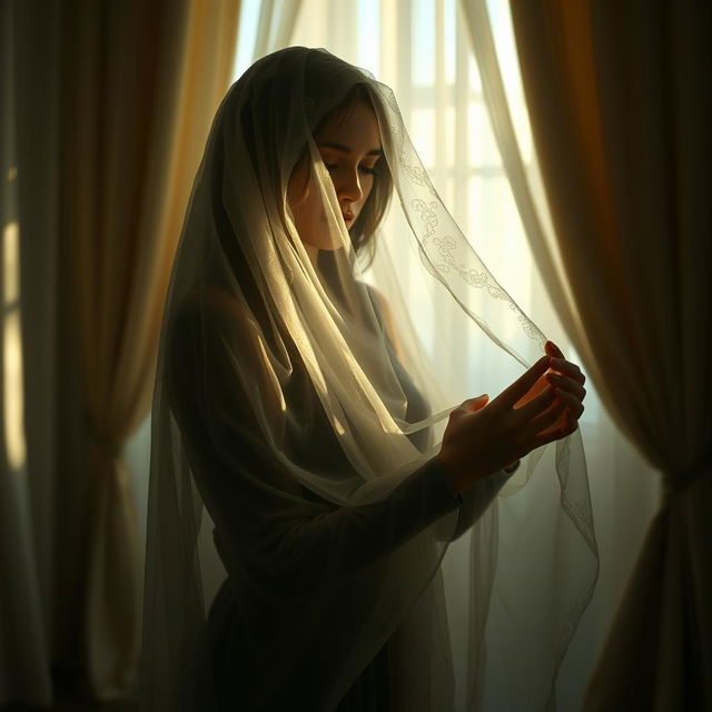 A serene and artistic depiction of a veiled woman standing in a softly illuminated room, surrounded by elegant drapery