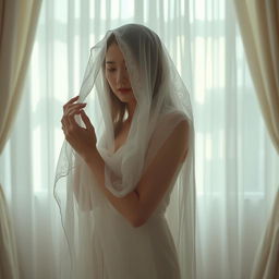 A serene and artistic depiction of a veiled woman standing in a softly illuminated room, surrounded by elegant drapery