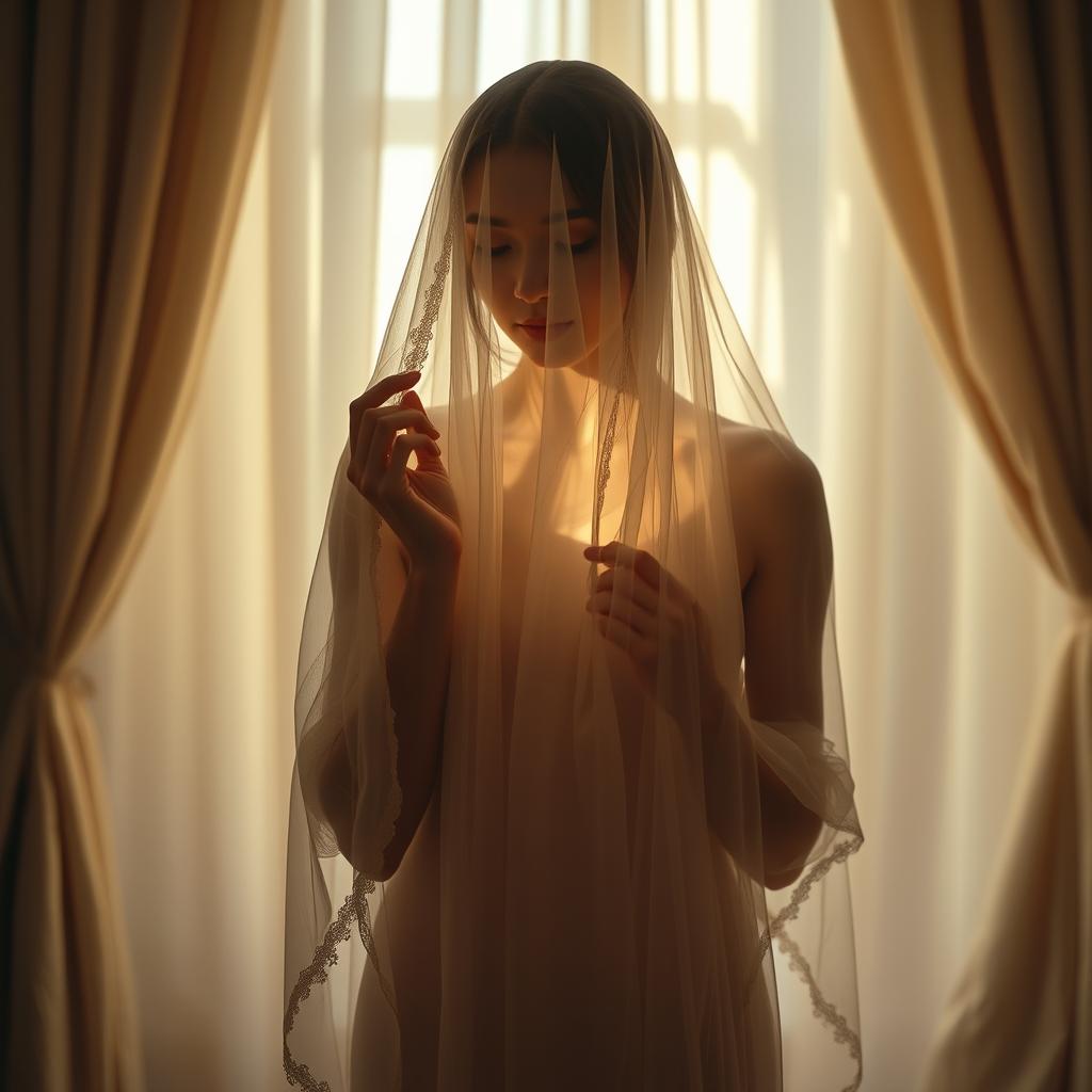 A serene and artistic depiction of a veiled woman standing in a softly illuminated room, surrounded by elegant drapery